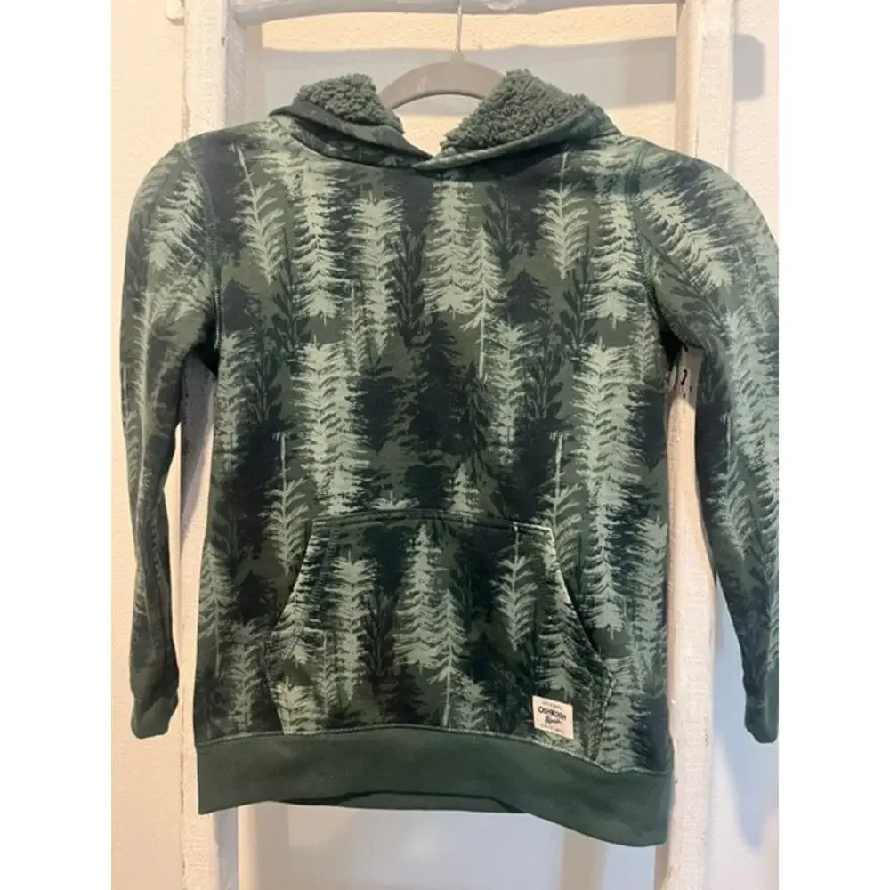 OshKosh B'Gosh Kids Green Hooded Pullover Sweatshirt Size L Forest Print Hoodie